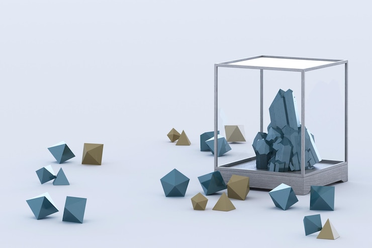 Foto producto de la formación mineral azul minerales cuarzo gemas diamantes renderización en 3d