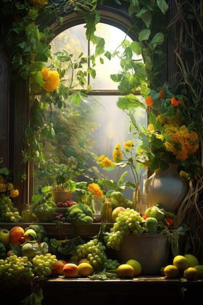 Producto fresco en abundancia Una acogedora tienda de frutas y verduras generada por IA