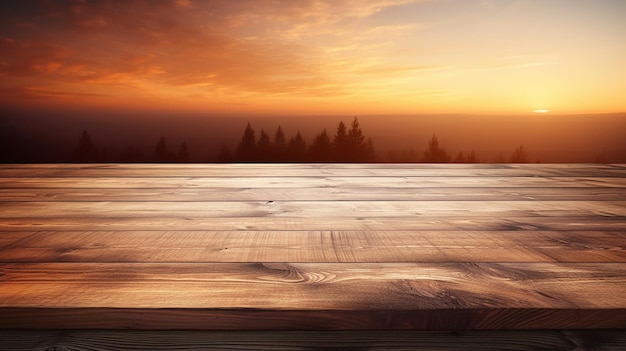 producto de mesa de madera con fondo de atardecer