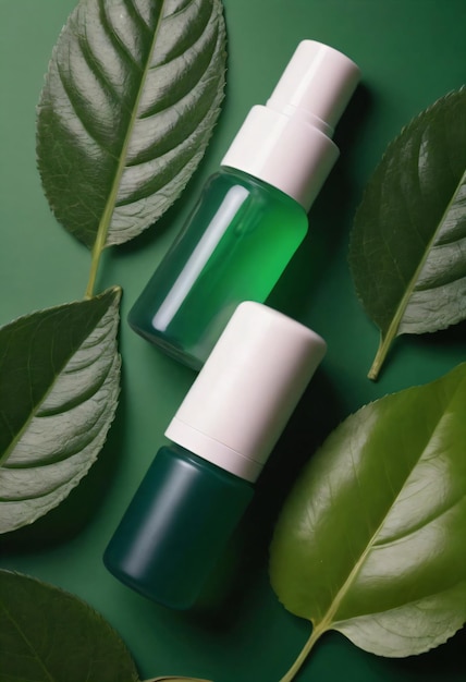 Producto orgánico para el cuidado de la piel dentro de botellas cosméticas de vidrio verde con hojas verdes Vista superior plana
