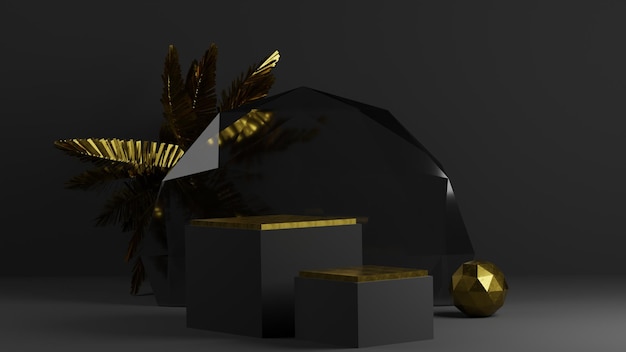 producto de pedestal de podio de lujo negro y dorado con fondo de pantalla de hojas doradas representación 3d