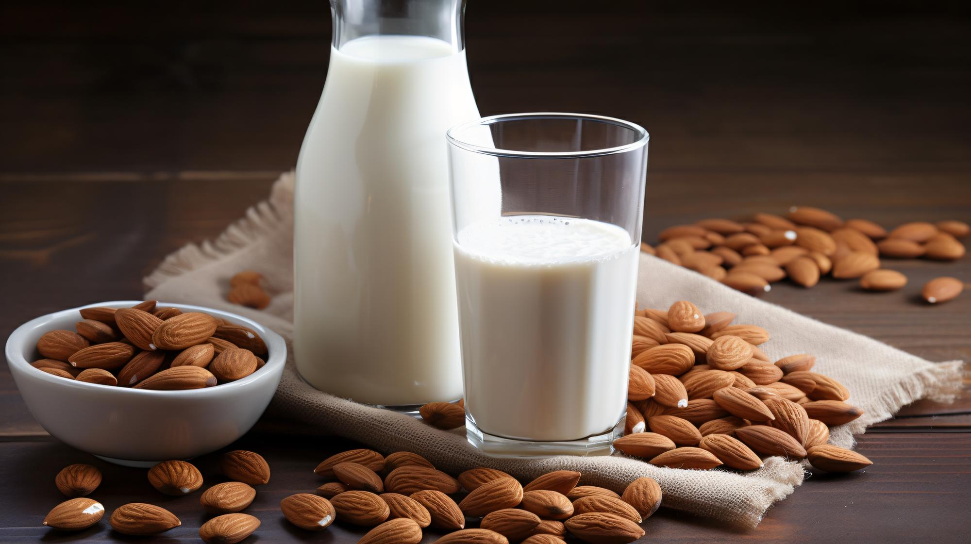 Foto producto vegano de leche no láctea, leche de almendra y nueces