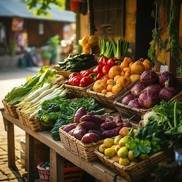 Producto vibrante de la granja a la mesa en el puesto de los agricultores locales