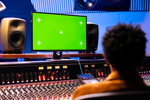 El productor afroamericano mira la pantalla verde en el monitor y mezcla música