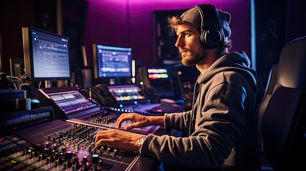 Un productor de música con auriculares trabaja en un estudio de grabación rodeado de equipos