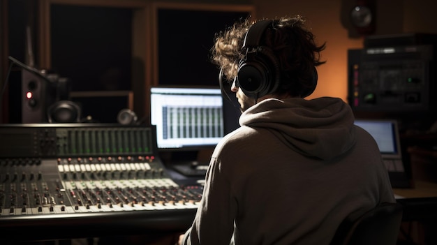 Productor de música trabajando en la consola de mezcla de audio en un estudio de grabación centrado en la ingeniería de sonido
