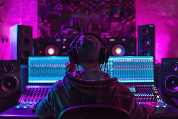 Productor de música trabajando en un estudio moderno rodeado de luces de colores y equipos de sonido