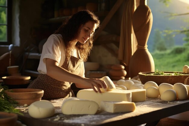 El productor de queso casero elabora mozzarella italiana tradicional