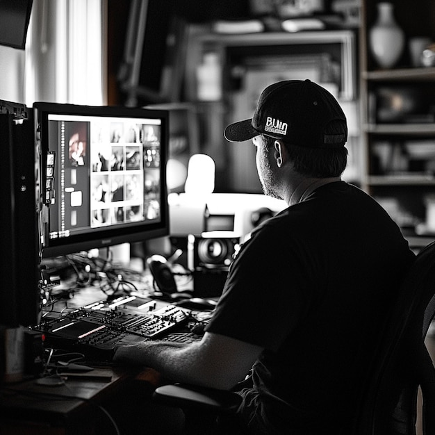 Un productor revisando imágenes en un monitor mientras edita un segmento de video