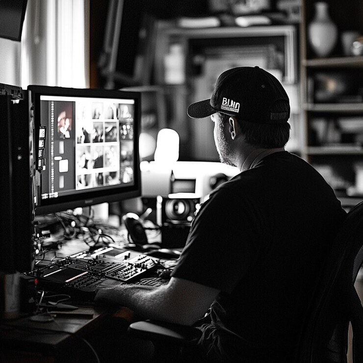 Foto un productor revisando imágenes en un monitor mientras edita un segmento de video