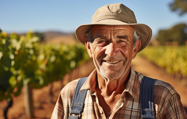 Un productor de vino de edad avanzada sonriendo frente a la cámara con un viñedo en la distancia