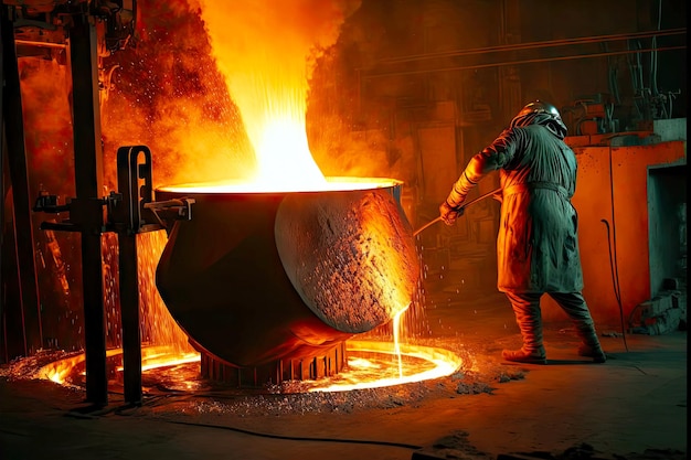 Foto los productores de acero agitan el metal fundido en hornos en la fabricación de la industria de fundición