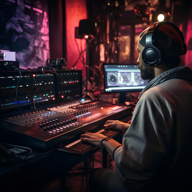 Los productores de música se centran en ajustar el equipo de sonido en el estudio