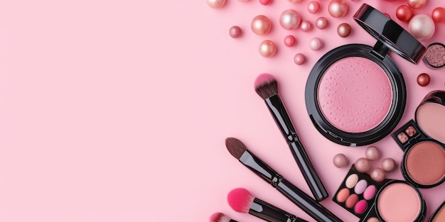 Productos y accesorios de maquillaje en fondo rosa Concepto de blogger de belleza y compras