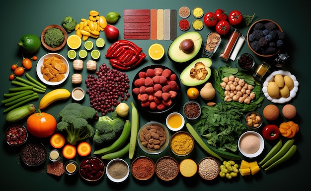 Productos alimenticios que representan la dieta nutritiva Alimentos ricos en vitaminas y minerales.