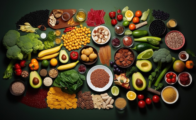 Foto productos alimenticios que representan la dieta nutritiva alimentos ricos en vitaminas y minerales.