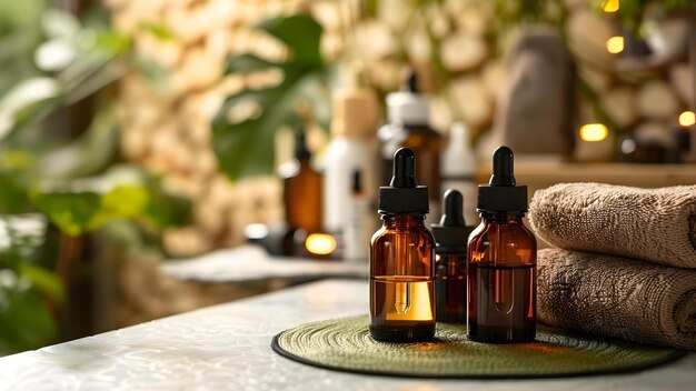 Foto productos de belleza esenciales para un concepto de sala de spa máscaras faciales aceites de aromaterapia velas perfumadas exfoliantes exfoliantes lociones hidratantes