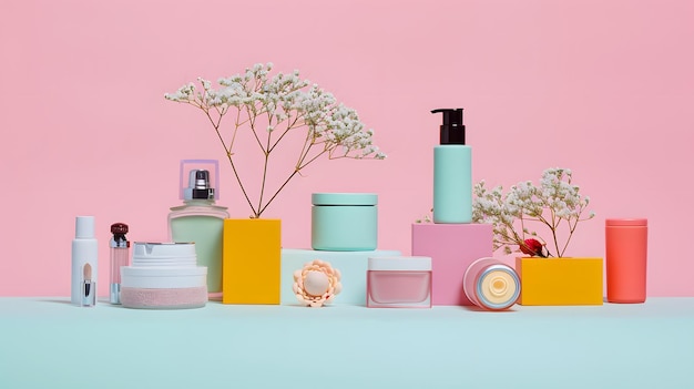 Productos de belleza exhibidos simétricamente con una cámara enfocada en ellos en un entorno de estudio brillante