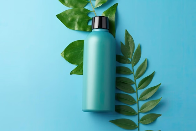 Productos de belleza sostenibles para el cuidado del cabello con hojas verdes sobre fondo azul.