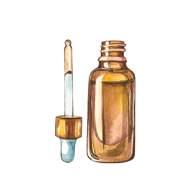 Productos de cáñamo de aceite de CBD. Ilustración acuarela en blanco