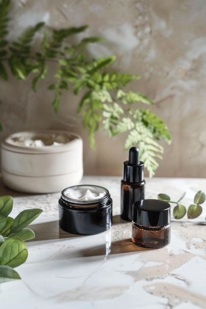 Productos cosméticos para la cara y el cuerpo en frascos en una mesa con plantas de interior concepto de producto de belleza