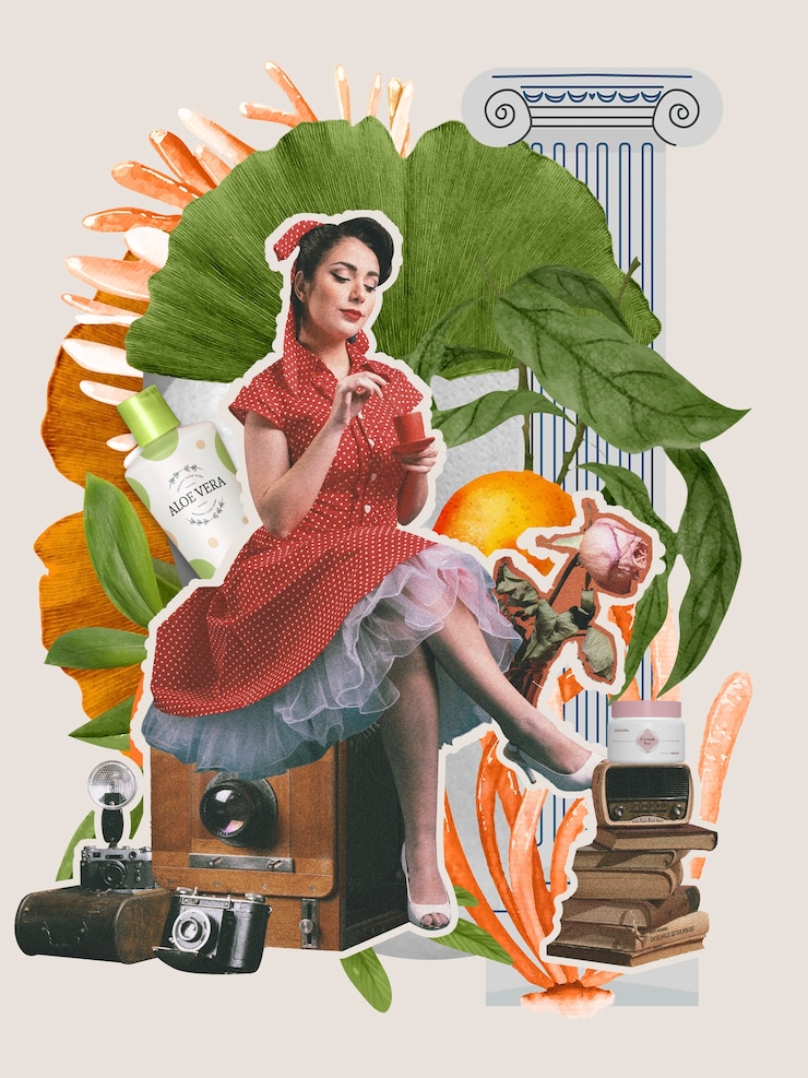 Foto productos cosméticos y collage de plantas