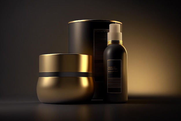 Productos cosméticos concepto de cuidado de la piel Maqueta de lujo en colores negro y dorado Ai generativo