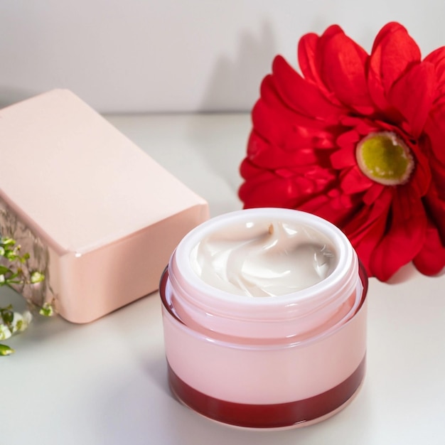 Foto productos cosméticos de crema para la cara y el cuerpo en crema roja y en una mesa blanca y una flor