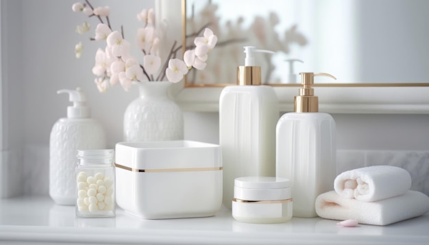 Los productos cosméticos para el cuidado del cuerpo se muestran maravillosamente con una luz suave y elegante en un interior de baño blanco con un enfoque selectivo de estilo moderno AI generativa