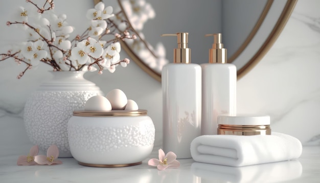 Los productos cosméticos para el cuidado del cuerpo se muestran maravillosamente con una luz suave y elegante en un interior de baño blanco con un enfoque selectivo de estilo moderno AI generativo