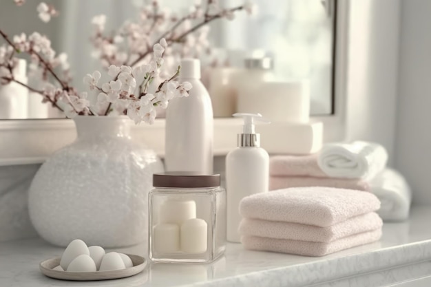 Los productos cosméticos para el cuidado del cuerpo se muestran maravillosamente con una luz suave y elegante en un interior de baño blanco con un enfoque selectivo de estilo moderno AI generativo