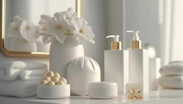 Los productos cosméticos para el cuidado del cuerpo se muestran maravillosamente con una luz suave y elegante en un interior de baño blanco con un enfoque selectivo de estilo moderno AI generativo