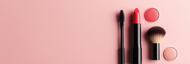Foto los productos cosméticos, incluidos los pintalabios, los pinceles de maquillaje y el polvo, están ordenadamente dispuestos en una superficie pastel clara para los entusiastas de la belleza.