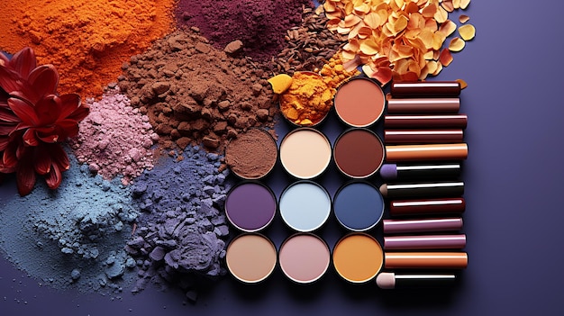 Productos cosméticos de maquillaje sobre fondo colorido Flat Lay