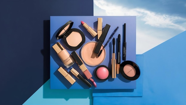 Productos cosméticos para mujeres colocados en un azul