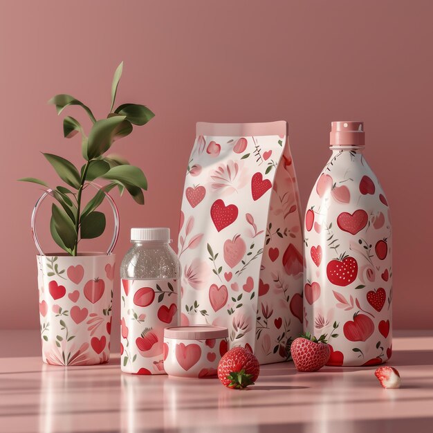 Productos cosméticos orgánicos en botellas y bolsas ecológicas decoradas con adornos florales.