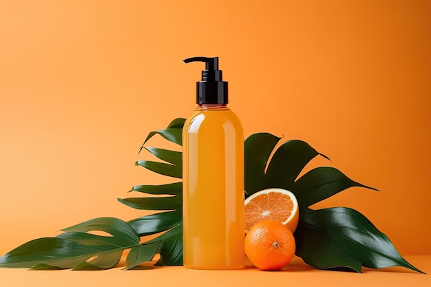 Productos para el cuidado del cabello Elixir tropical con hojas verdes sobre fondo naranja