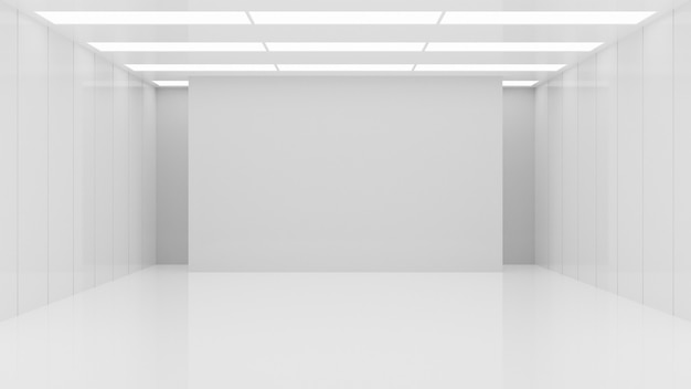 Productos de exhibición de la pared del fondo del estudio de la habitación del espacio interior de la arquitectura vacía limpia blanca minimalista. Representación 3D.