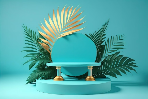 Los productos de fondo 3d muestran una escena de podio con una plataforma de verano de hoja de palma Plantilla de diseño de pedestal de podio para la presentación de una exposición moderna o galería Ilustración 3d