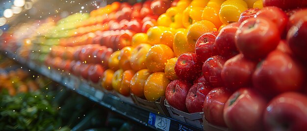 Los productos frescos que esperan a los compradores en un mercado local de agricultores un borrón de colores de frutas y