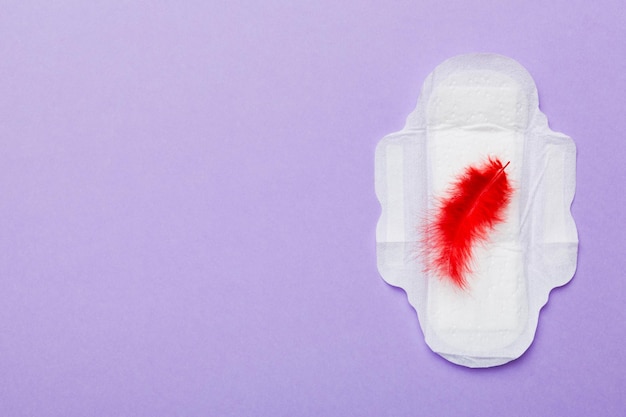 Foto productos de higiene femenina o toalla sanitaria con pluma roja sobre fondo de color color pastel primer plano lugar vacío para el texto higiene diaria femenina