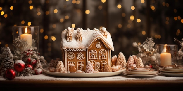 Productos horneados en forma de casas Casas de pan de jengibre navideñas Foto de alta calidad IA generativa