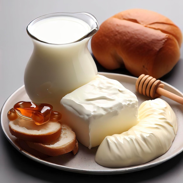 Productos lácteos cremosos turcos kaymak miel y pan en un plato de desayuno sobre fondo gris