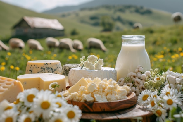 Productos lácteos frescos expuestos en una rústica mesa de madera en un entorno rural