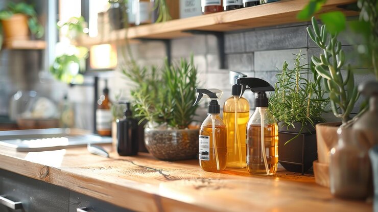 Productos de limpieza naturales en botellas de pulverización reutilizables dispuestos en una cocina rústica que destaca la vida ecológica y sostenible