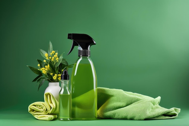 Productos de limpieza con toalla verde y flores de mimosa en fondo verde Herramientas de limpieza ecológicas paños de microfibra botella de pulverización con agua Fondo verde AI Generado