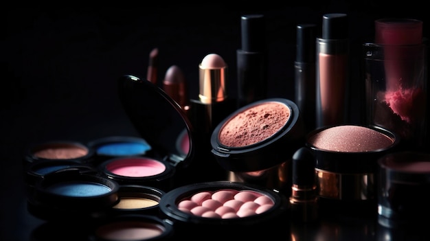 Productos de maquillaje profesional con fondo negro Accesorios de la industria de la belleza de lujo Generación ai