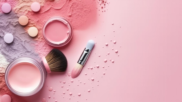 Productos de maquillaje sobre fondo rosa Ilustración AI GenerativexA