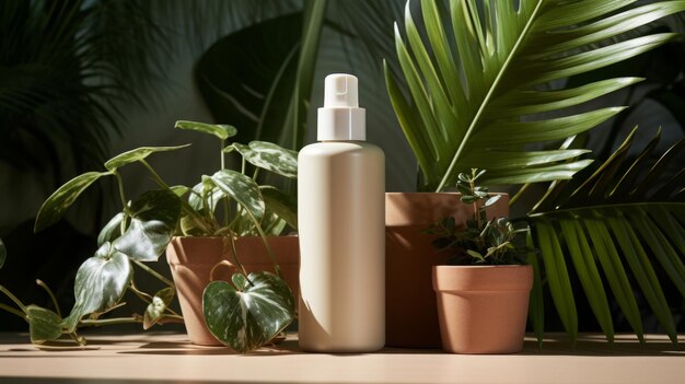 Productos naturales para el cuidado de la piel en medio de un follaje verde y exuberante