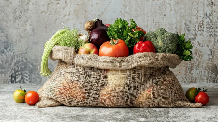 Productos orgánicos en bolsas de malla expuestos en un mostrador de la cocina con hierbas frescas